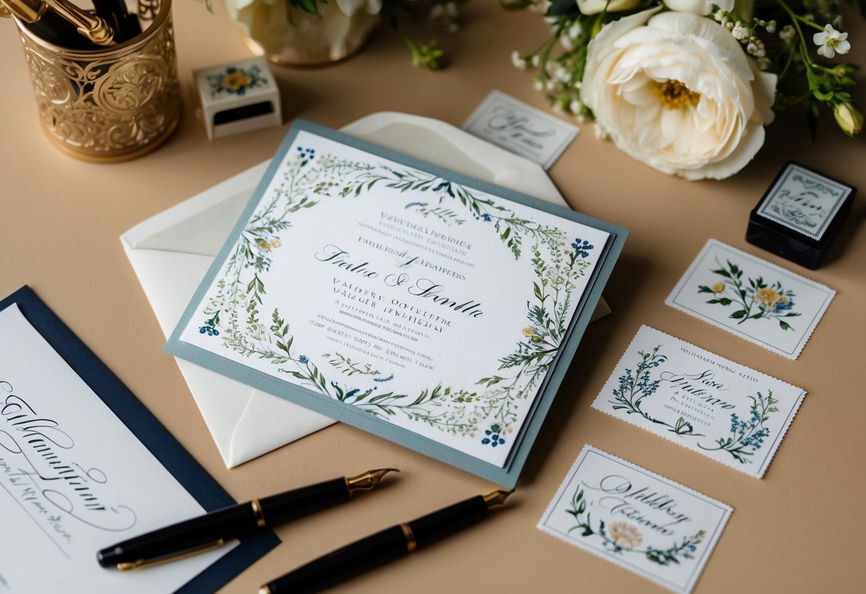A beautifully decorated wedding invitation sits on a vintage desk, surrounded by elegant calligraphy pens and delicate floral stamps