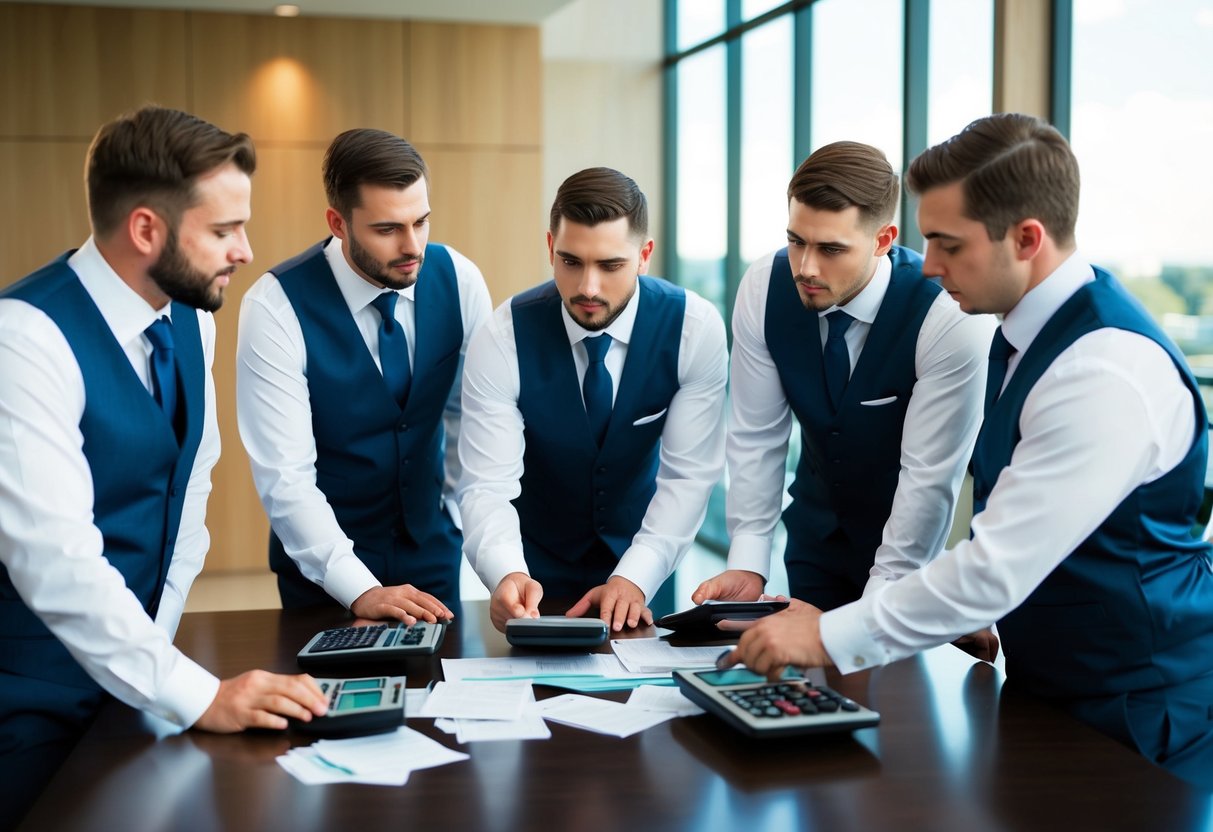 A group of groomsmen discussing expenses around a table with calculators and receipts scattered about