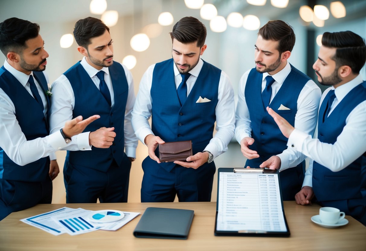 A group of groomsmen discussing expenses and activities, with one member holding a wallet and others gesturing towards a list of costs