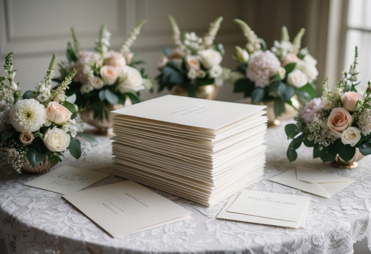 A stack of elegant wedding invitations arranged on a table, surrounded by delicate floral arrangements and a vintage lace tablecloth