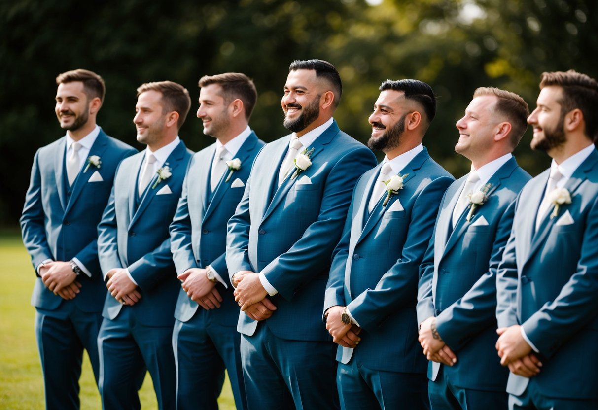 A group of groomsmen stand in a line, wearing matching suits and holding boutonnieres. They appear relaxed and jovial, chatting and laughing together