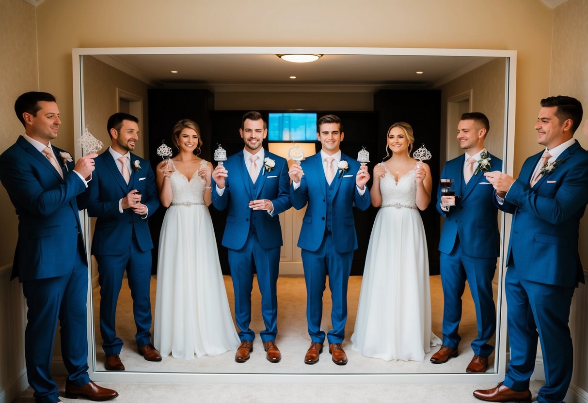 Groomsmen and bridesmaids stand in mirrored poses, holding symbolic objects