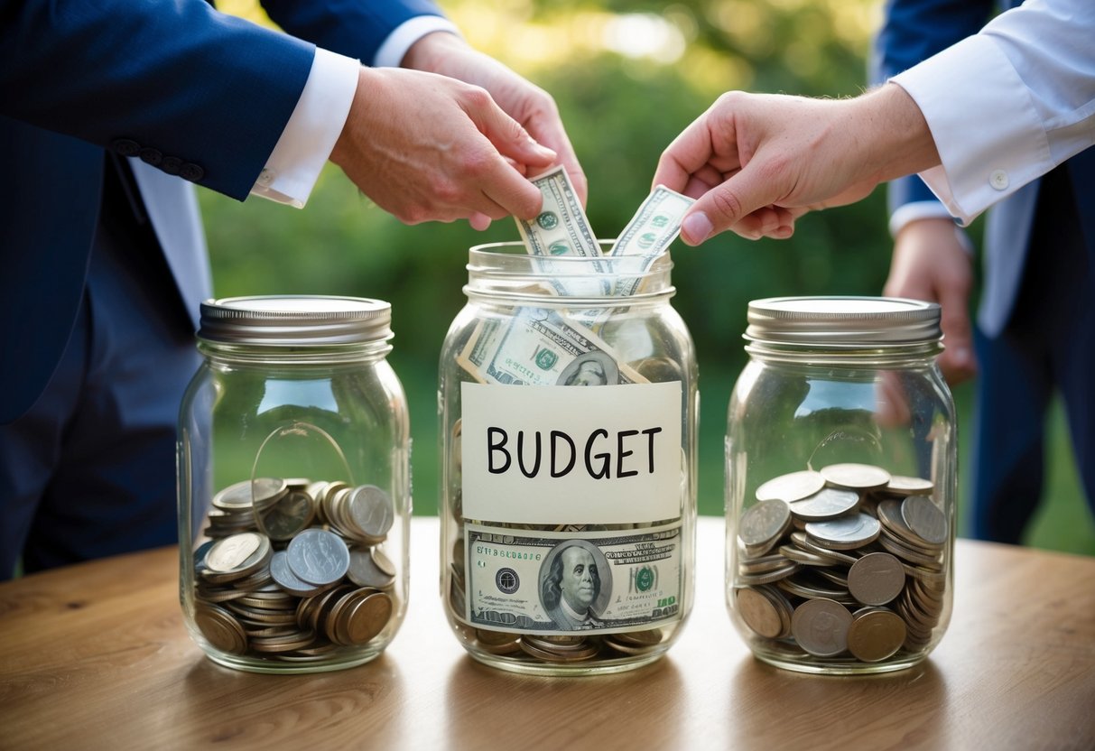 Groomsmen pooling money into a budget jar for the groom's gift