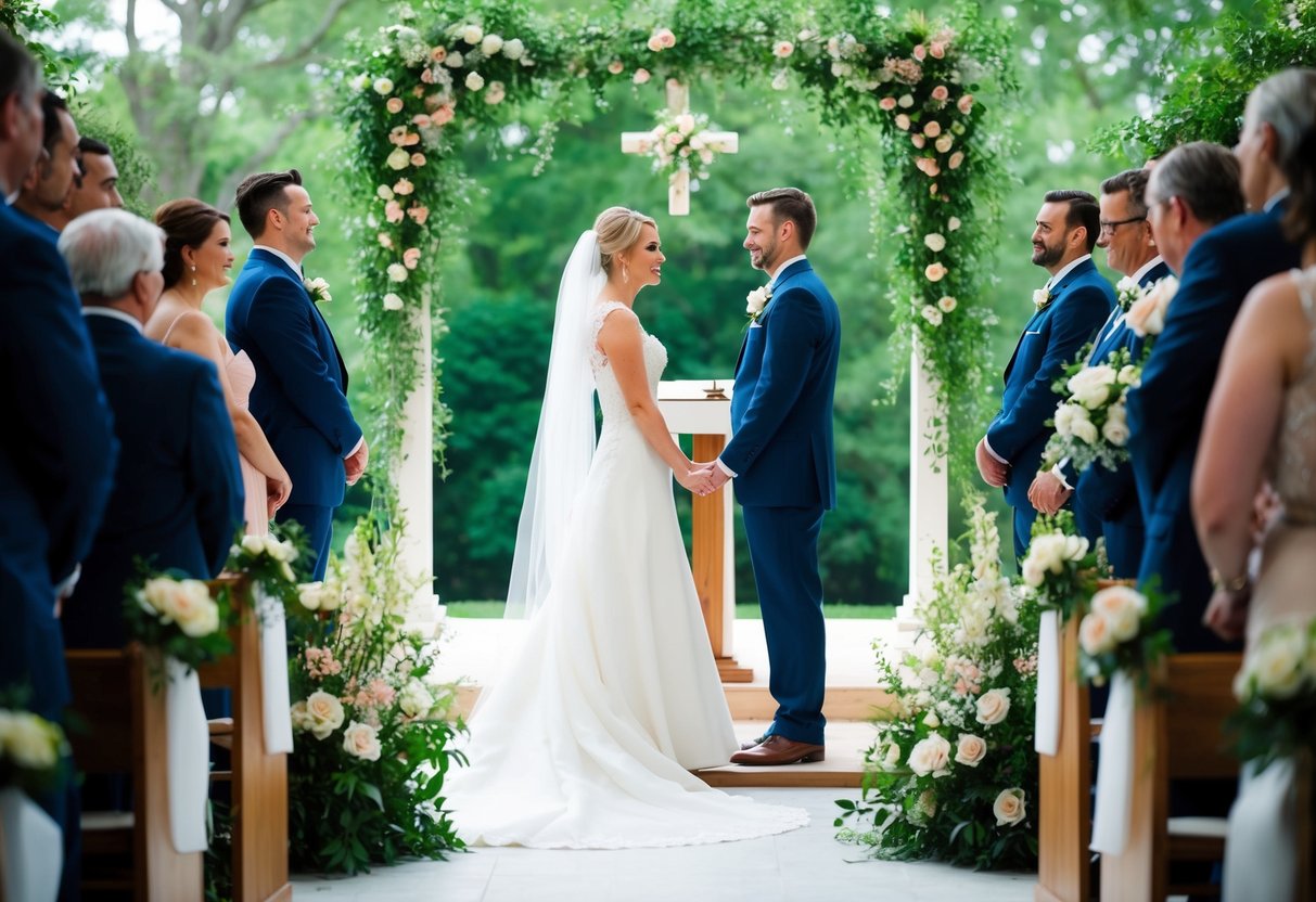 A bride and groom stand alone at the altar, surrounded by lush greenery and blooming flowers, with a serene and intimate atmosphere