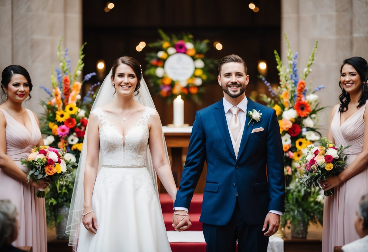 A bride and groom stand alone at the altar, surrounded by colorful flowers and decorations. The couple holds hands and smiles, with no bridesmaids in sight