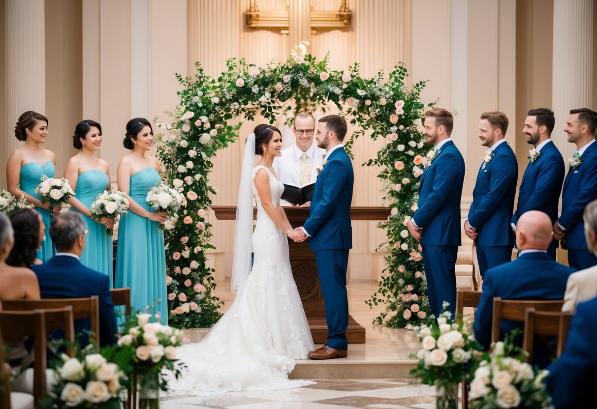 A bride and groom stand alone at the altar, surrounded by flowers and elegant decor, as they exchange vows without bridesmaids