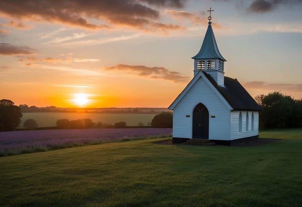A small, secluded chapel in the English countryside at sunset
