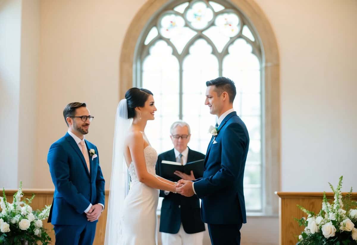 A bride and groom stand alone in front of a registrar, exchanging vows in a simple, intimate ceremony