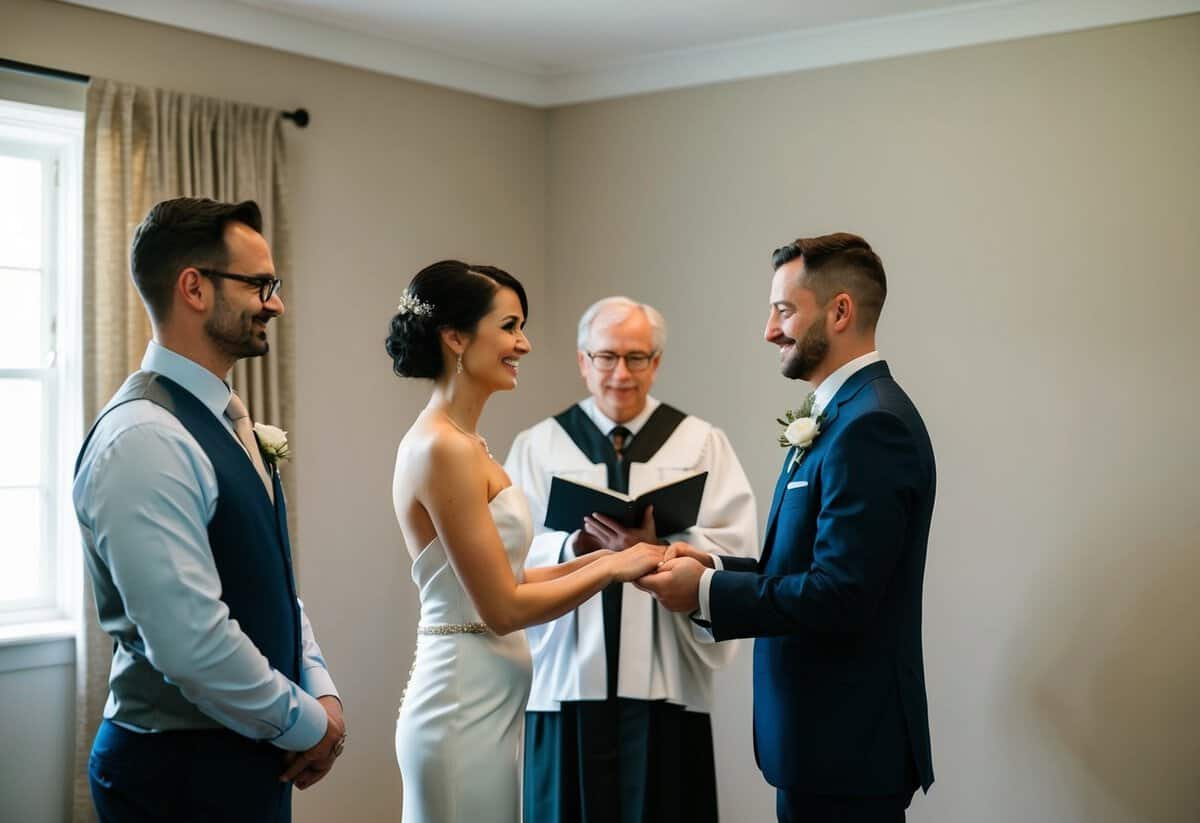 A couple stands before an officiant in a simple room, exchanging vows. No witnesses are present
