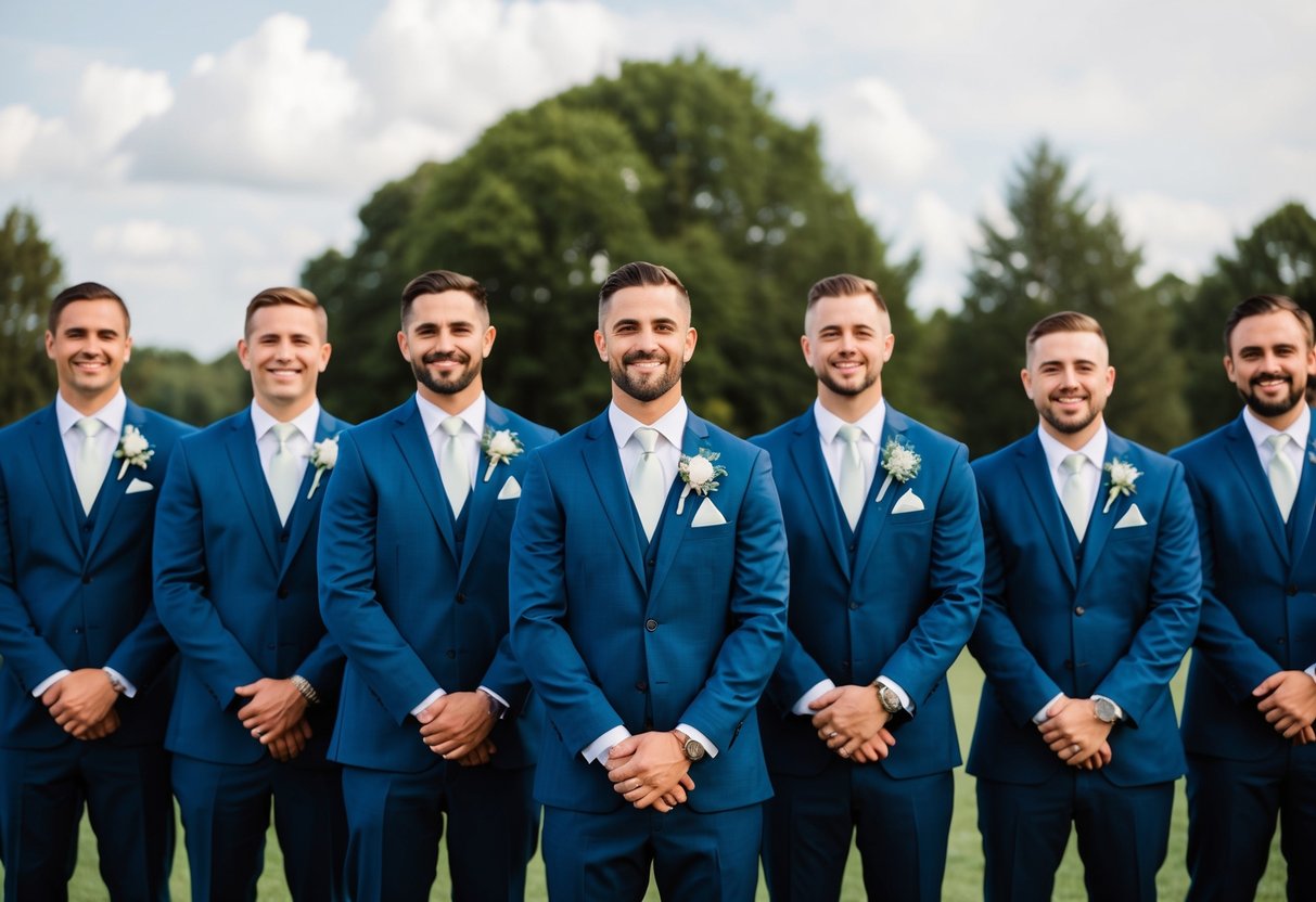 A group of groomsmen holding various wedding-related items such as suits, ties, and boutonnieres, standing together in a line
