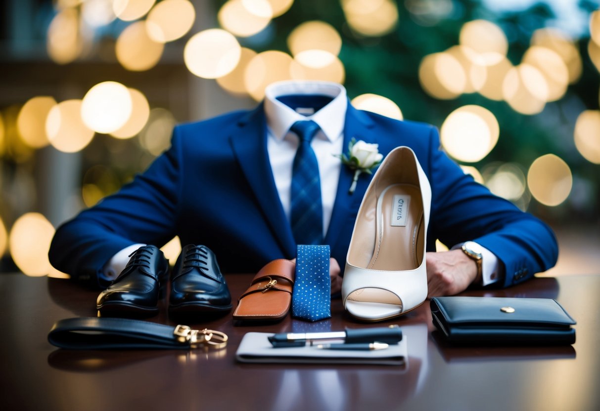 A group of items related to wedding expenses, such as a suit, tie, shoes, and a wallet, arranged neatly on a table