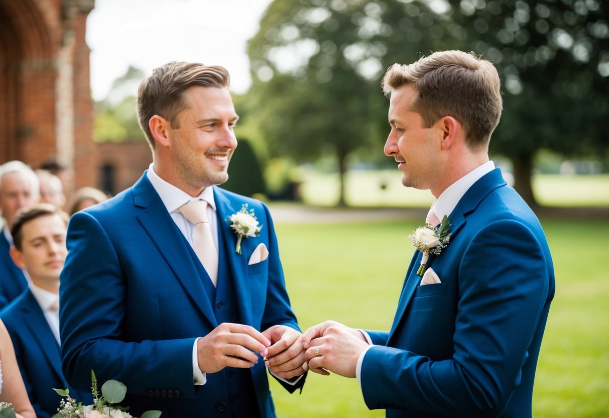 A groomsman in the UK stands beside the groom, holding the wedding rings and offering support during the ceremony