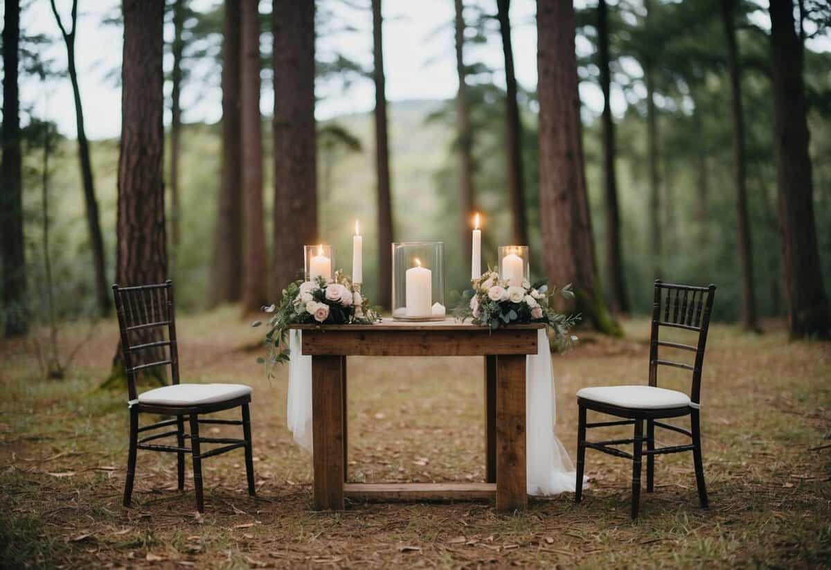 A small, rustic wedding altar in a secluded forest clearing, adorned with flowers and candles, with two empty chairs facing each other