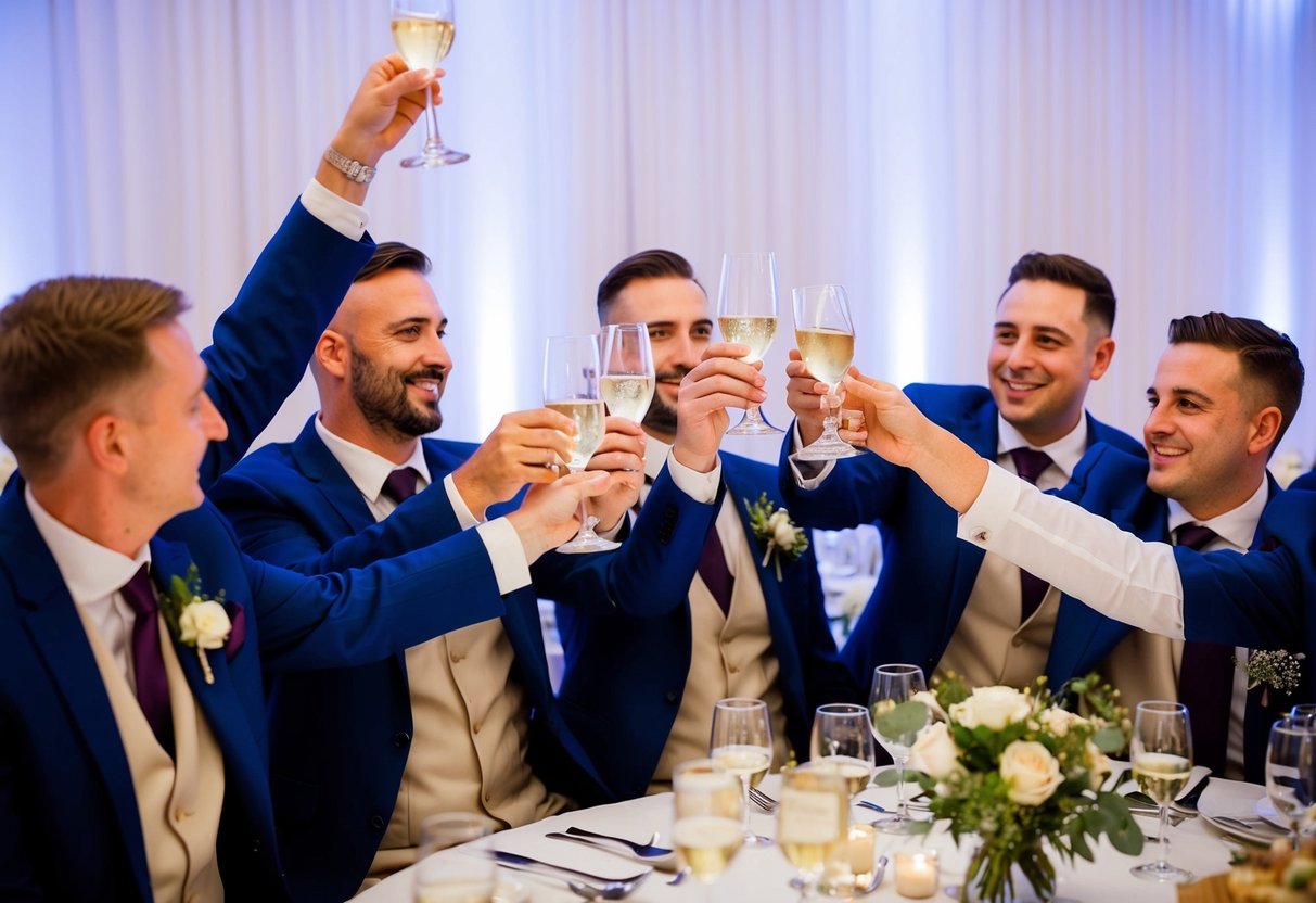 A group of groomsmen raising their glasses in a toast at a wedding reception in the UK