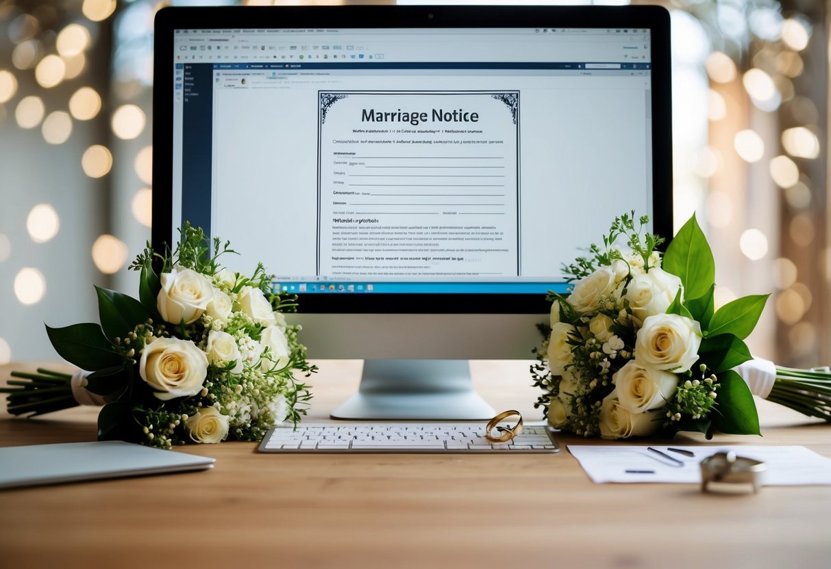 A computer with a marriage notice form open, surrounded by a bouquet of flowers and a wedding ring