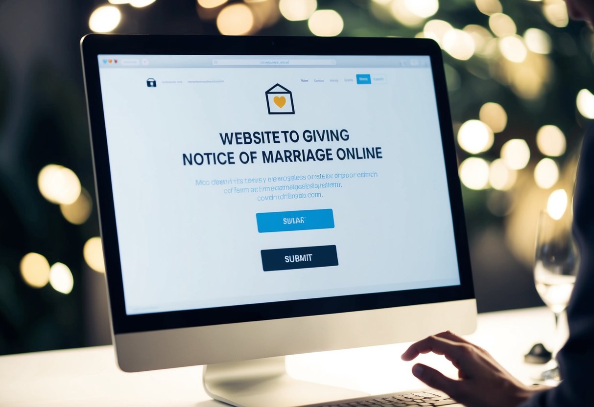 A computer screen displaying a website for giving notice of marriage online, with a cursor hovering over the "submit" button