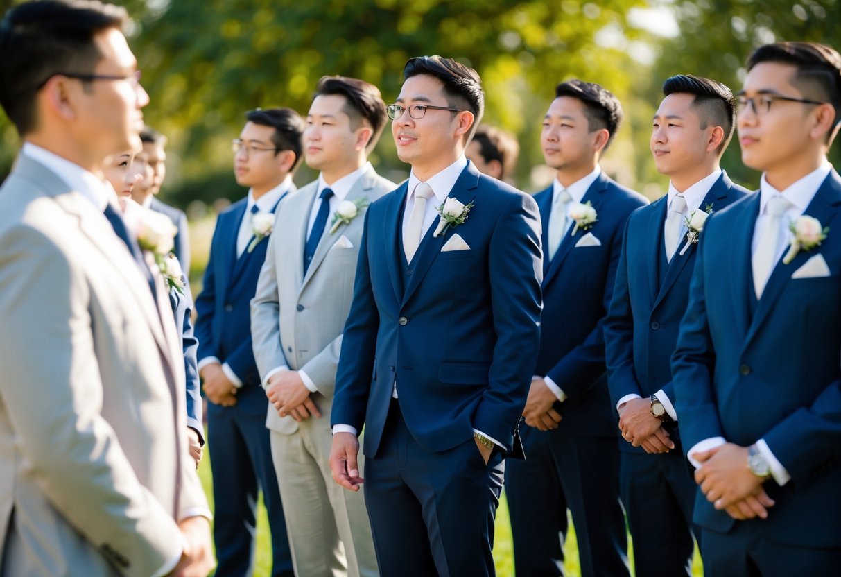 A group of formally dressed individuals standing in a line, holding boutonnieres and looking towards the center of the scene