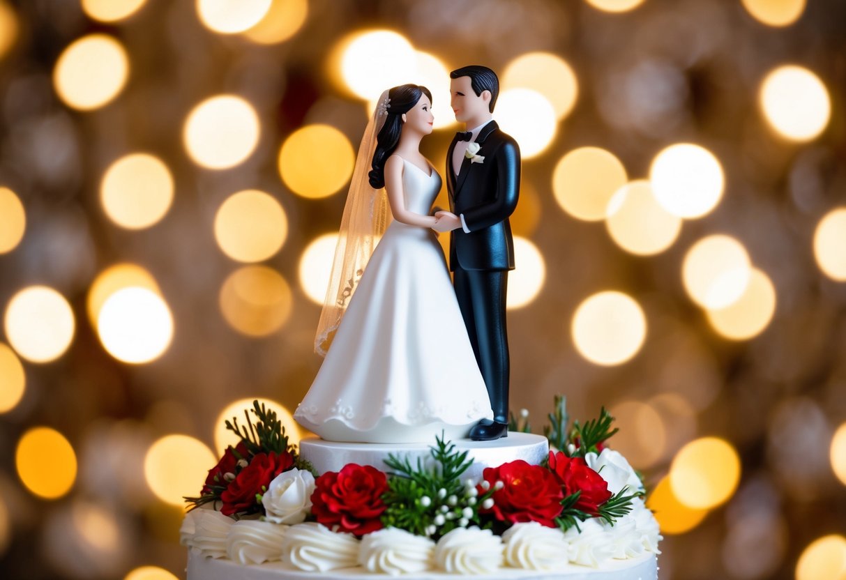 A bride and groom figurines stand on a wedding cake topper, surrounded by festive decorations and flowers