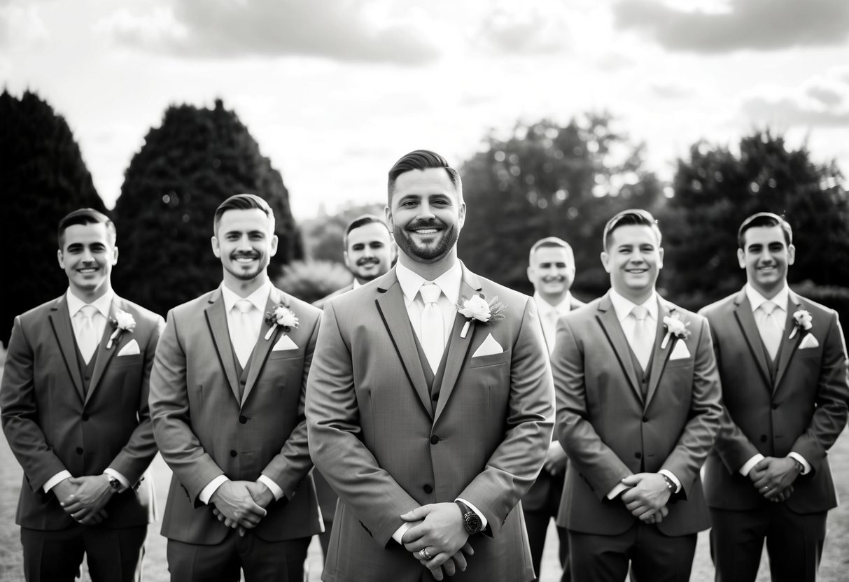 A group of groomsmen standing in a line, each wearing a matching suit and boutonniere, with the groom in the center. They are all smiling and looking towards the camera