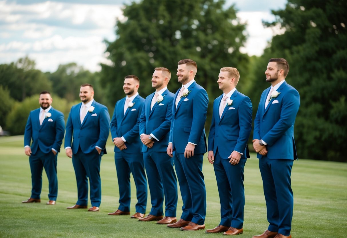 Groomsmen in matching suits stand in a line at a wedding