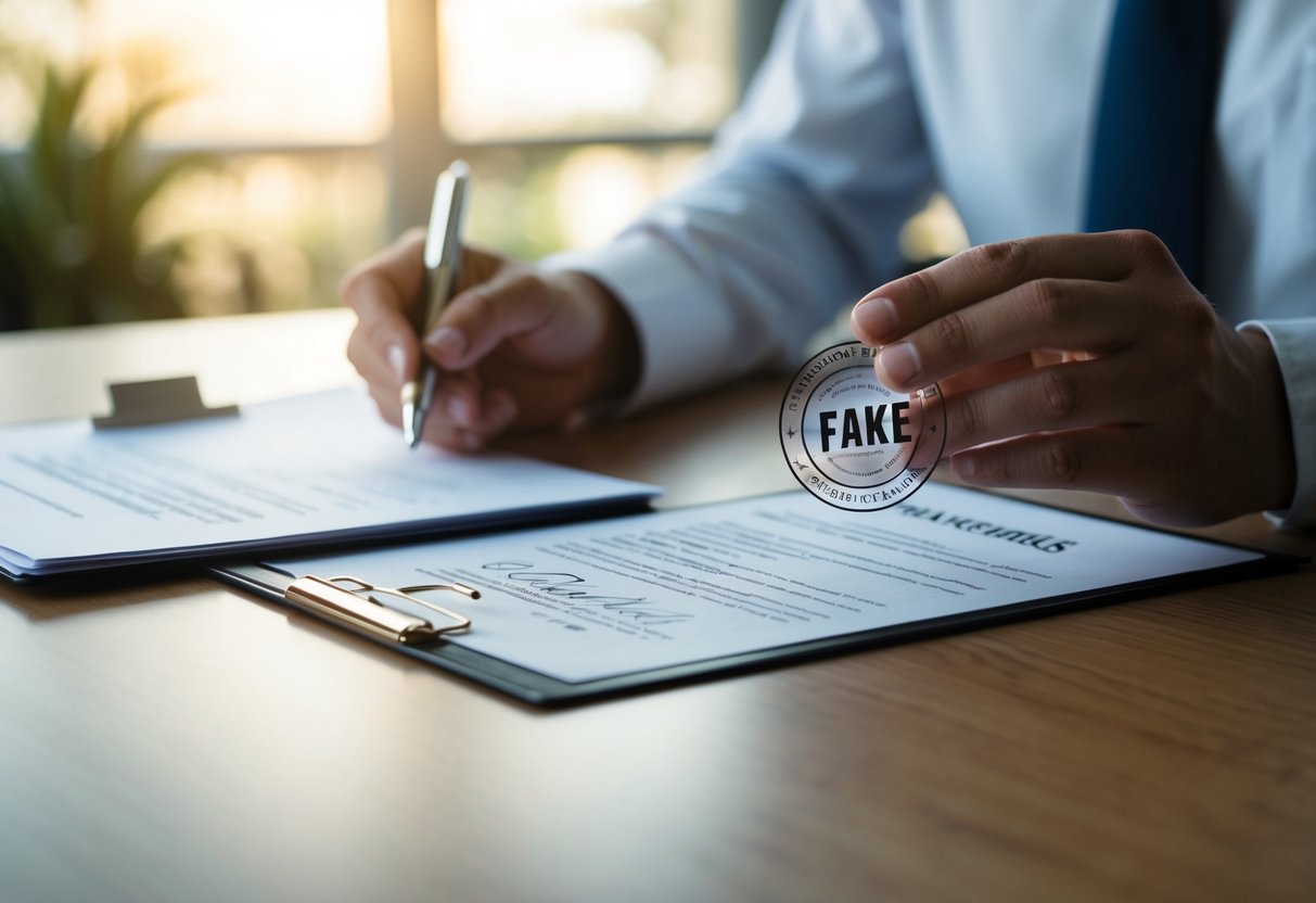 A person submitting paperwork, a marriage certificate, and a stamp with "fake" on it