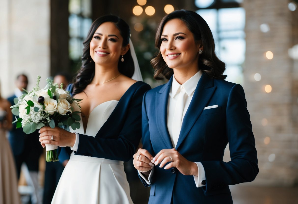 A woman in a sharp suit stands proudly beside the bride, holding the rings