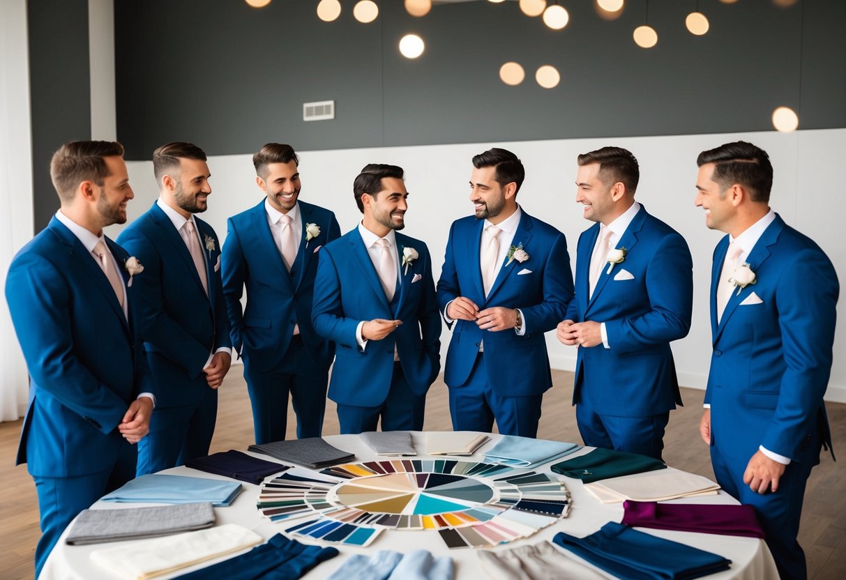 Groomsmen in matching suits gather around a table covered in fabric swatches and color samples, discussing the wedding aesthetic