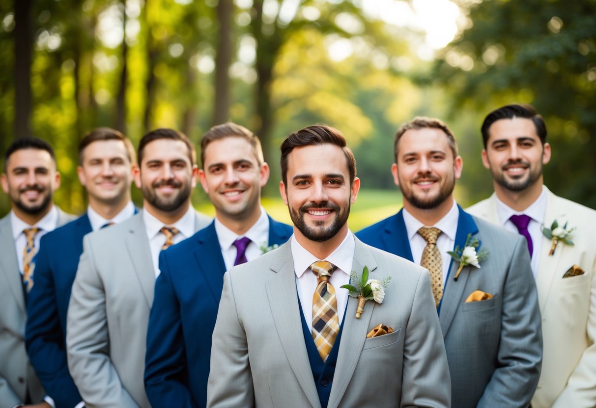 Groomsmen in mismatched suits, each adding their own flair with unique ties and boutonnieres