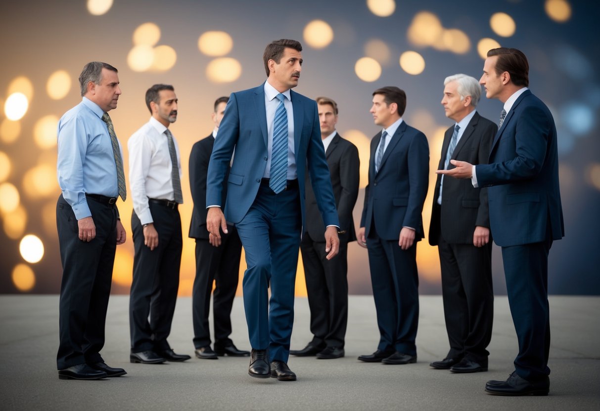 A group of men standing in a row, one stepping forward with a hesitant expression, while another man gestures towards him with a questioning look