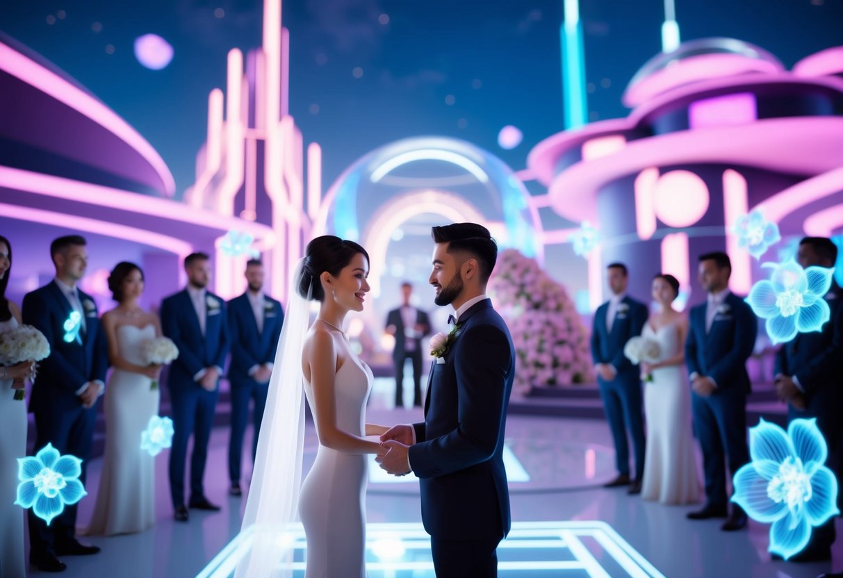 A virtual wedding ceremony in a futuristic metaverse, with avatars exchanging vows amidst a digital landscape of glowing neon architecture and floating holographic flowers