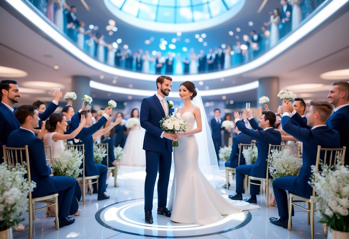 A futuristic virtual wedding ceremony in a bustling metaverse plaza, with avatars of the happy couple surrounded by cheering virtual attendees