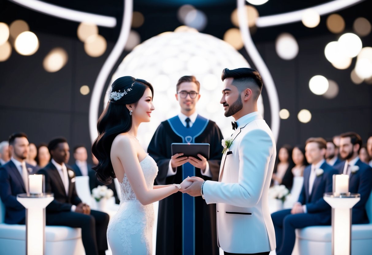A virtual wedding ceremony in a futuristic metaverse setting, with avatars exchanging vows in front of a digital officiant and a virtual audience