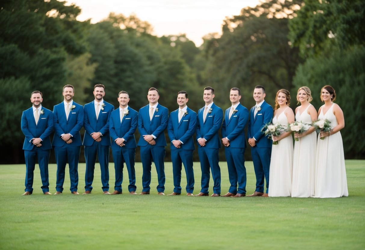 A group of groomsmen standing in a line, with more men than bridesmaids, arranged in a balanced and visually pleasing composition