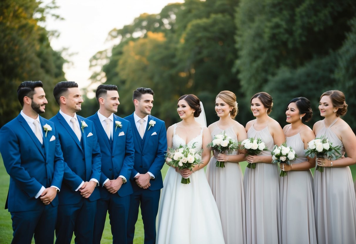 A group of groomsmen and bridesmaids standing on opposite sides, with the groomsmen outnumbering the bridesmaids. The bridesmaids look slightly outnumbered and the groomsmen appear more relaxed