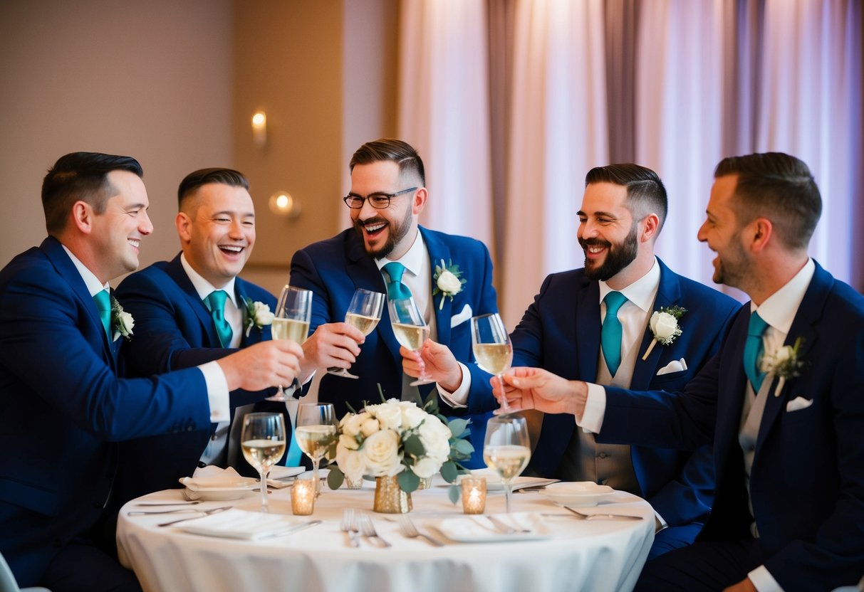 A group of groomsmen laughing and toasting at a wedding reception
