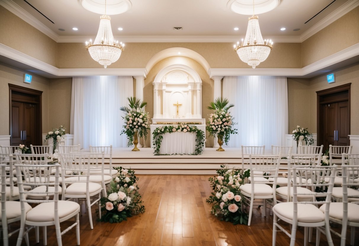 An empty wedding venue with a beautifully decorated altar, floral arrangements, and elegant seating