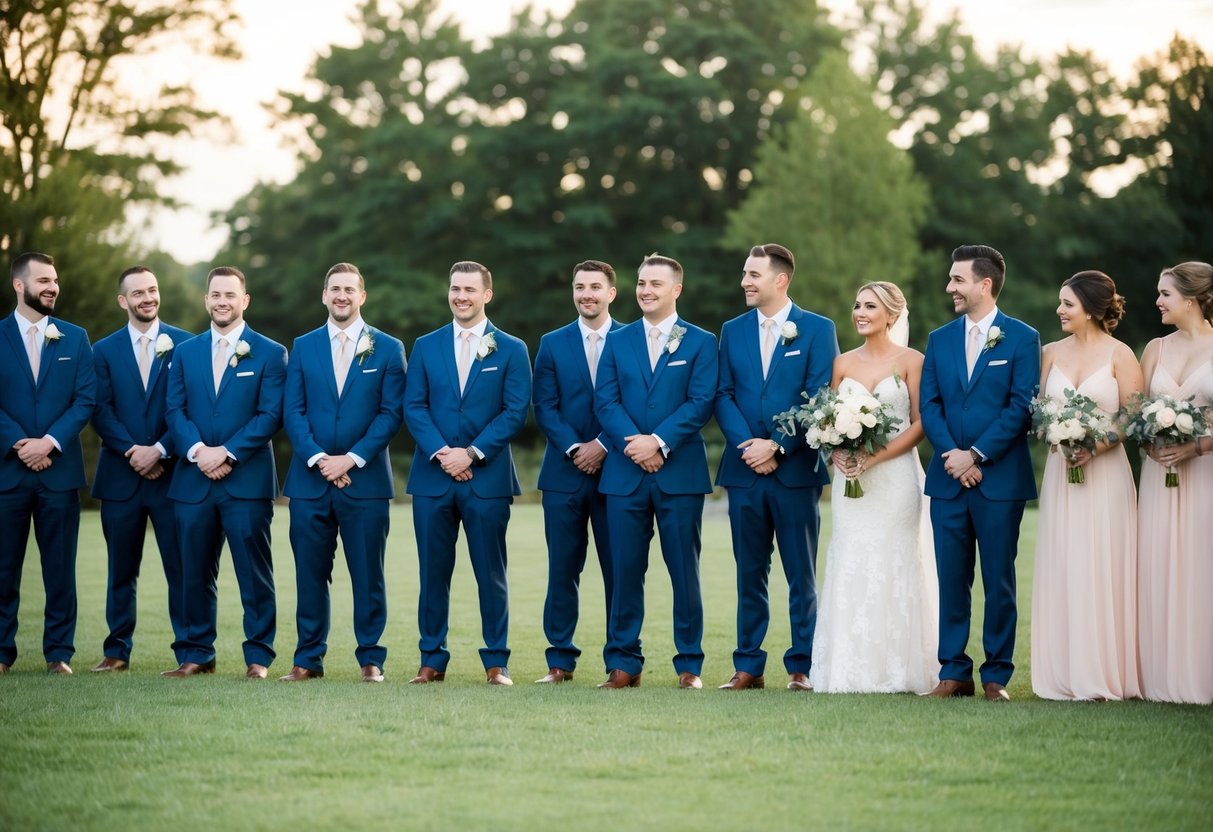 A group of groomsmen and bridesmaids standing in a line, with more groomsmen than bridesmaids. The groomsmen are wearing suits and the bridesmaids are wearing matching dresses