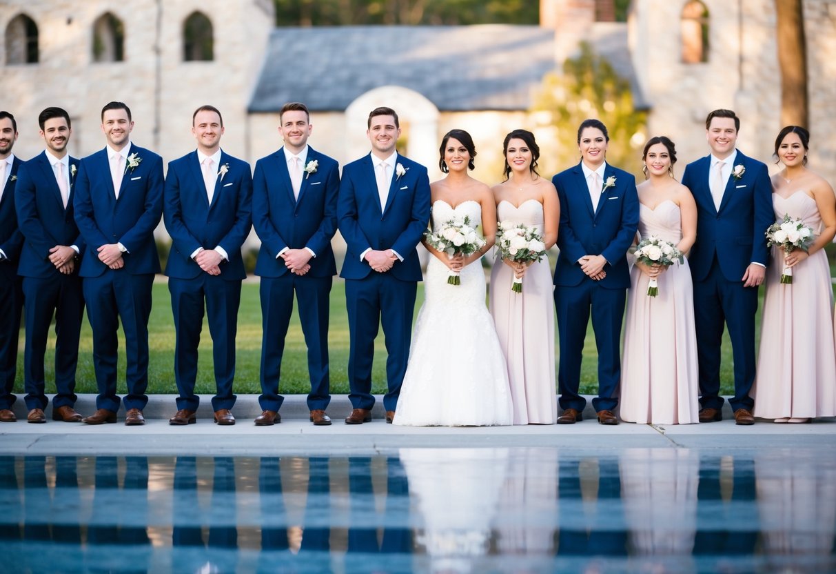 A group of groomsmen and bridesmaids standing in two separate lines, with more groomsmen than bridesmaids, creating a visual imbalance