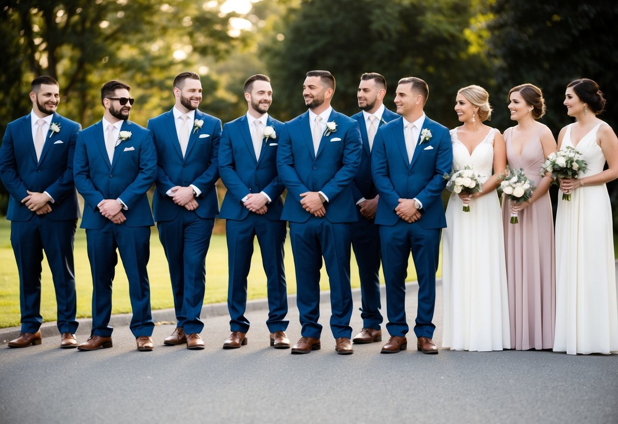 A group of groomsmen and bridesmaids standing in a line, with the groomsmen outnumbering the bridesmaids. The groomsmen are dressed in matching suits, while the bridesmaids are in matching dresses