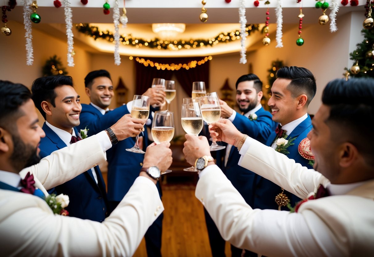 A group of groomsmen raise their glasses in a toast, surrounded by festive decorations and traditional elements