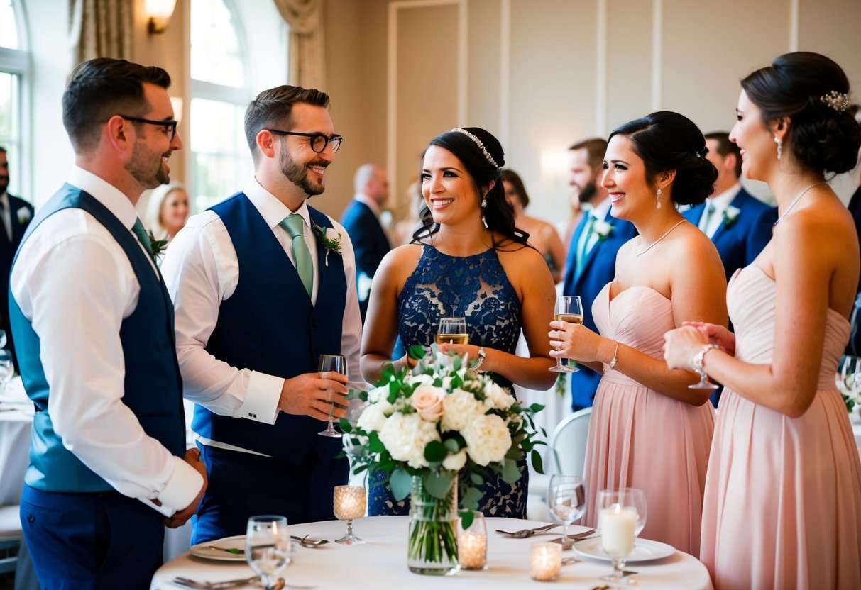 Groomsmen and bridesmaids mingle at a reception table