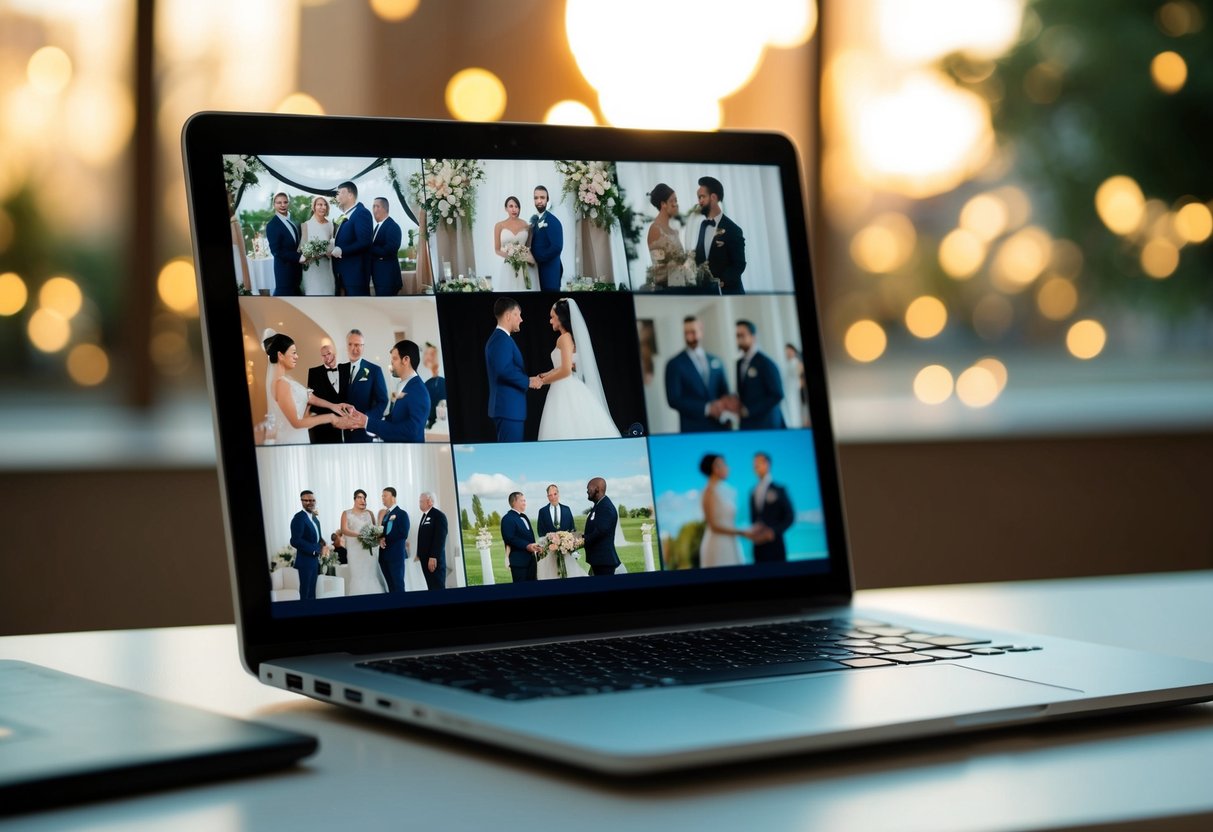 A laptop displaying a virtual wedding ceremony, with guests joining in from different locations