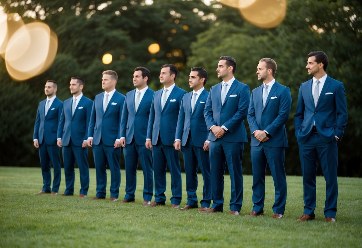 A group of men standing in a line, all wearing matching suits except for one who is standing off to the side, not dressed like the others