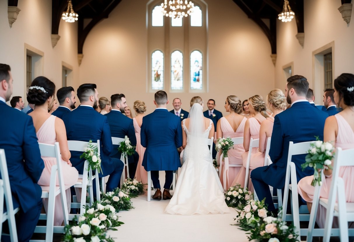 Groomsmen and bridesmaids sit together in a symmetrical arrangement, facing the ceremony space