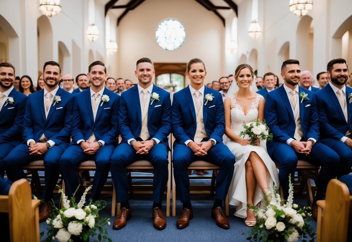 Groomsmen and bridesmaids seated separately in designated sections at a wedding ceremony