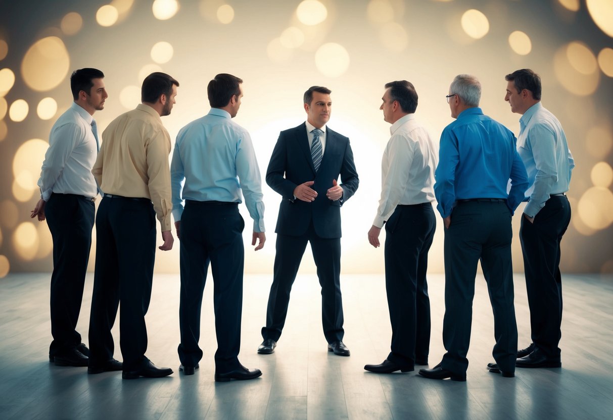 A group of men standing in a circle, one man stepping back as the others gather closer, indicating exclusion