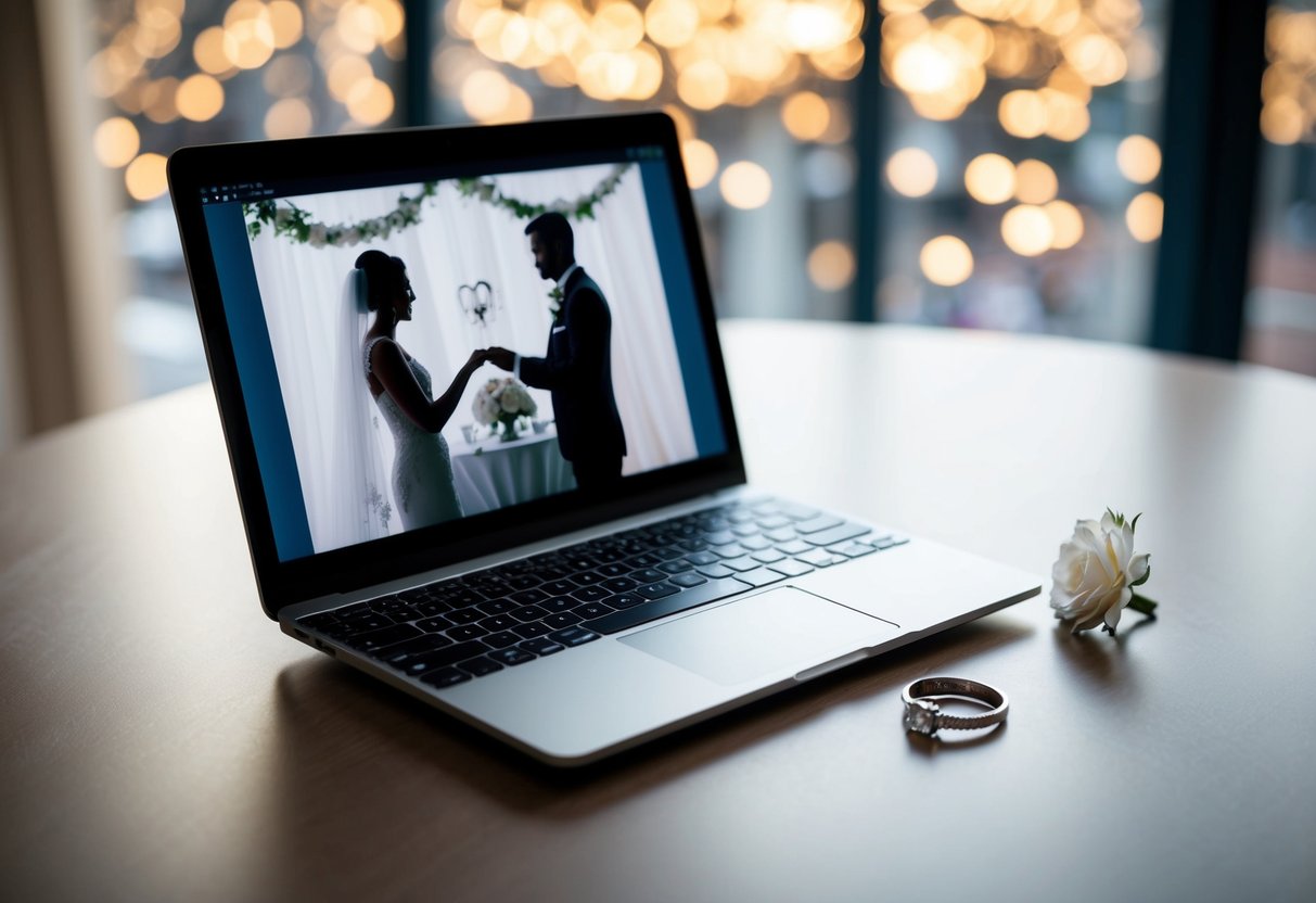 A laptop and a wedding ring on a table, with a virtual wedding ceremony on the screen