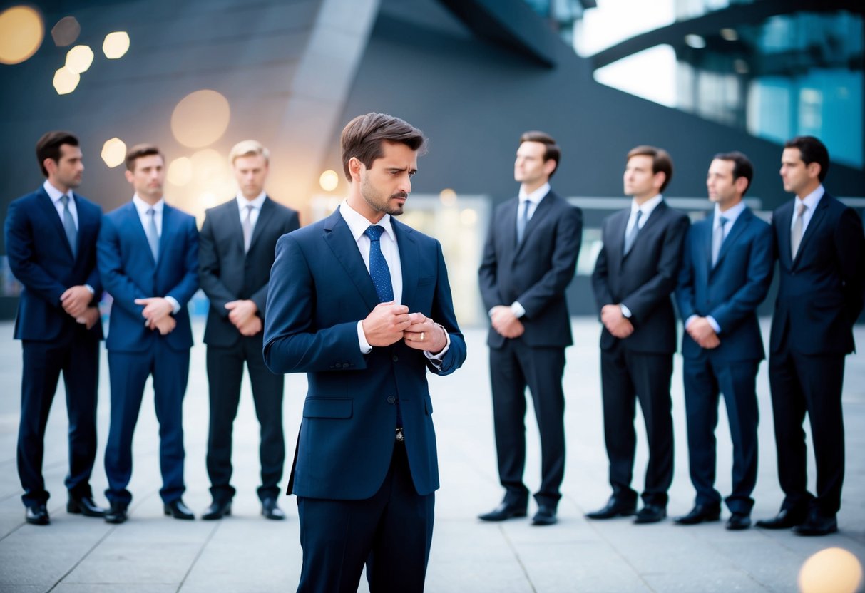 A group of men in suits stand together, one separate, looking disappointed