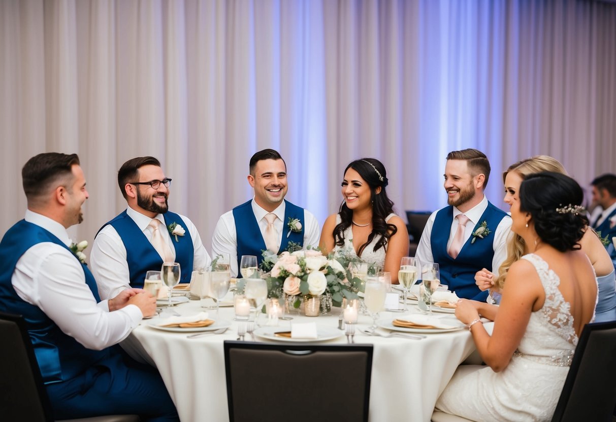 Groomsmen and bridesmaids sit together at a round reception table, chatting and laughing