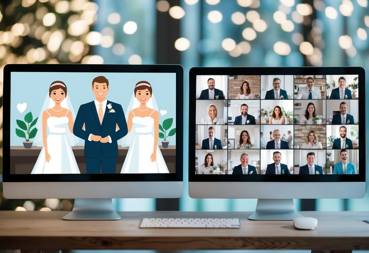 A bride and groom stand in front of separate screens, surrounded by virtual wedding guests on a video call